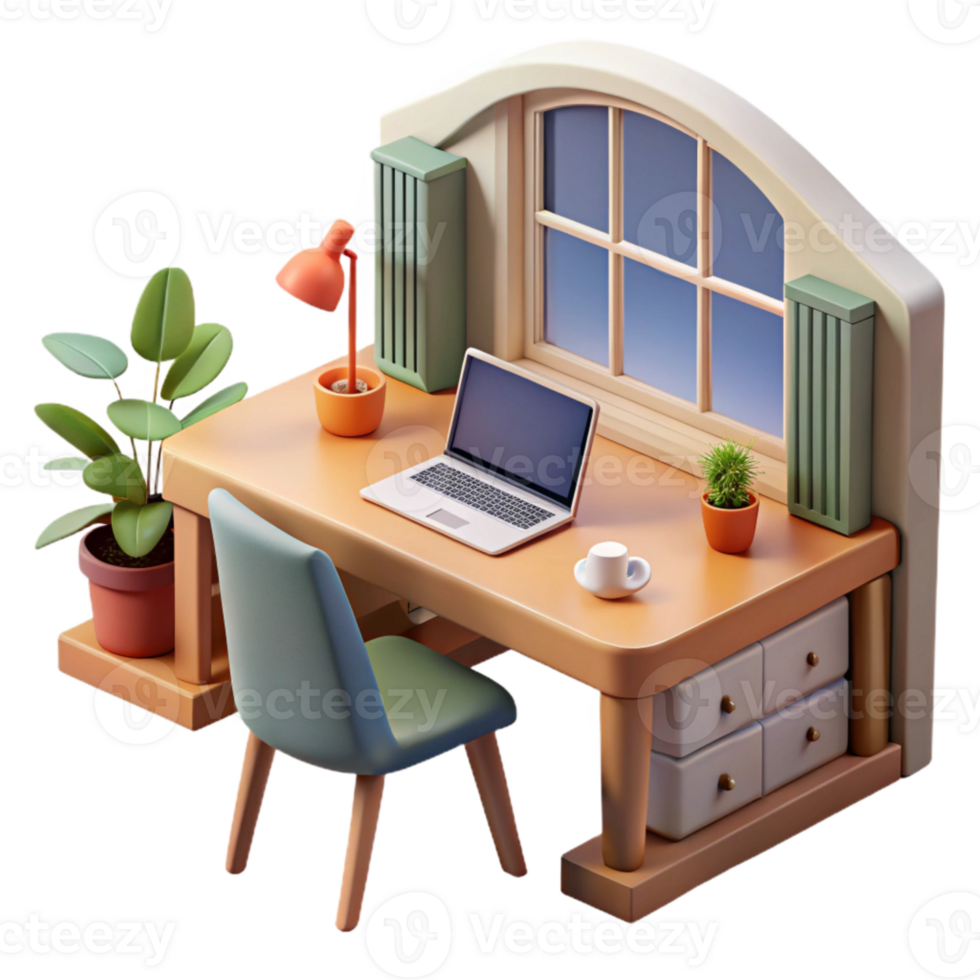 beautiful modern Home Office Desk with Window View Isolated high resolution png