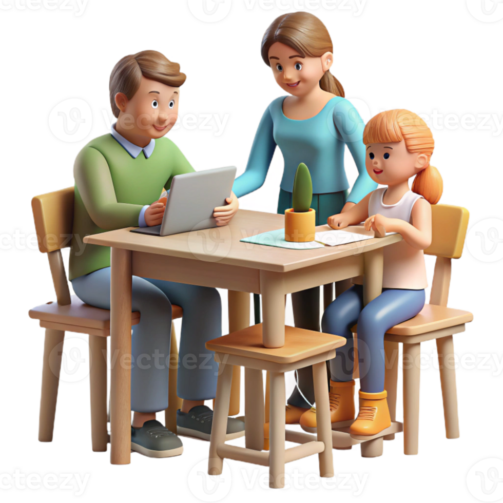 beautiful modern Homeschooling Family at Table Isolated high resolution png