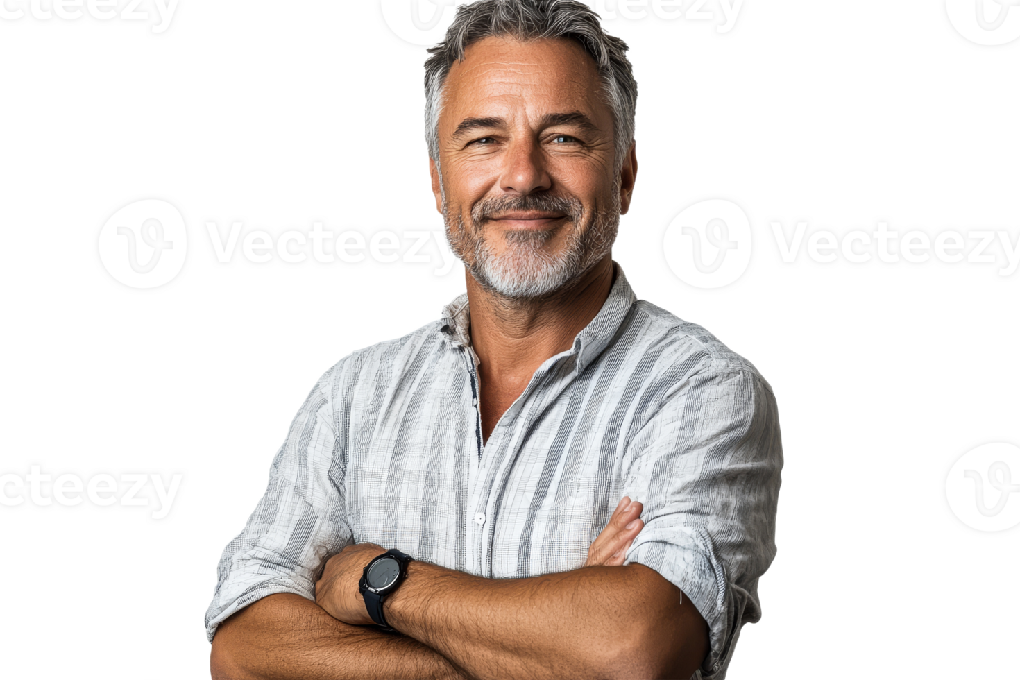 Confident man smiling with arms crossed in studio transparent png