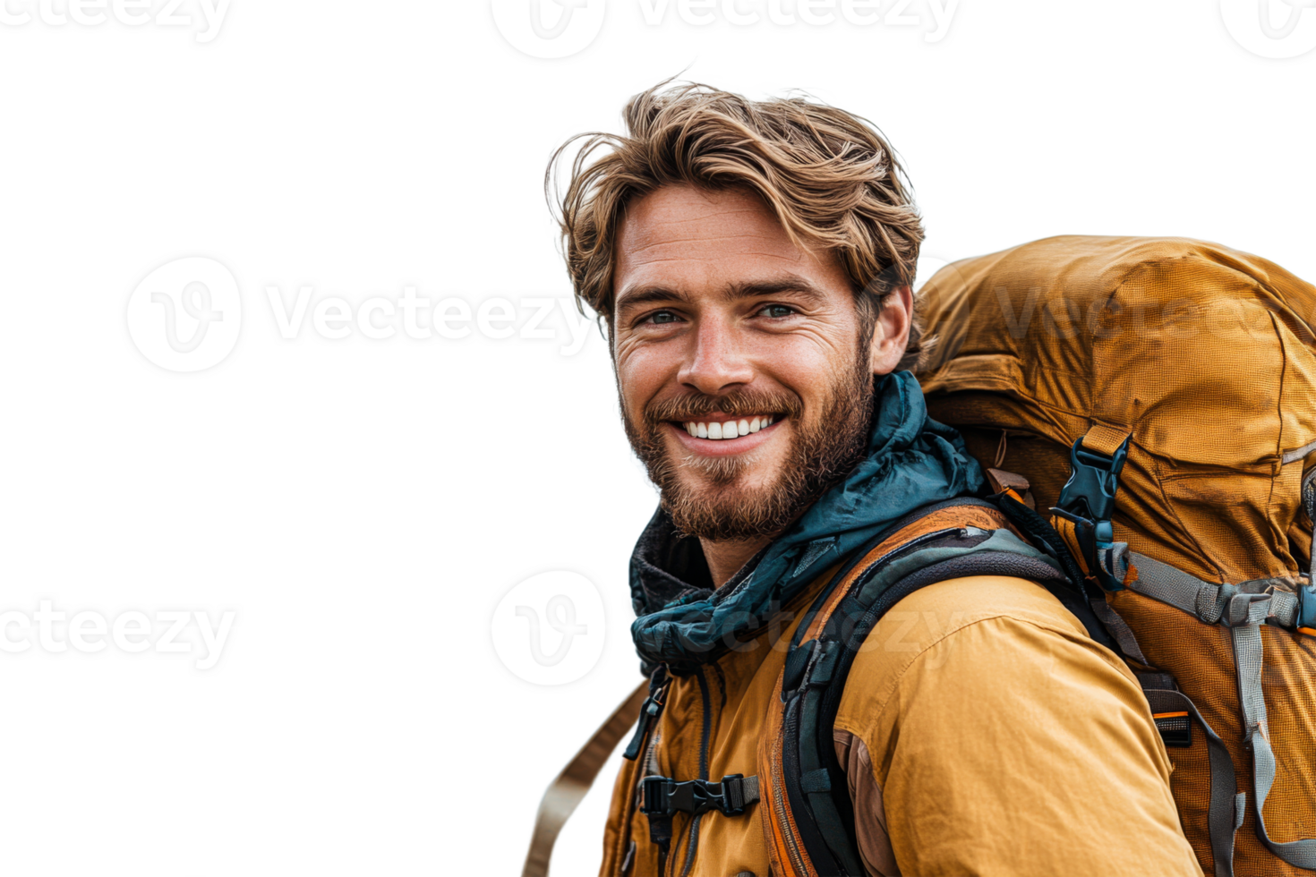 Smiling hiker with backpack ready for adventure png