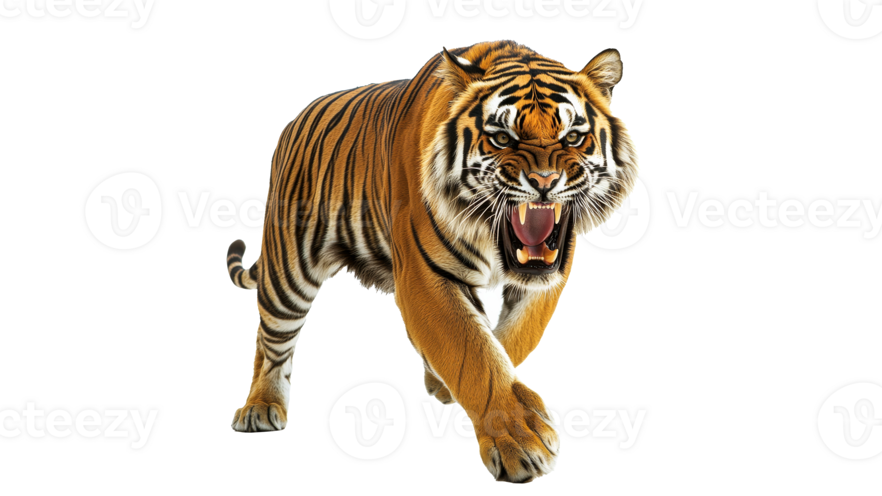 Tiger walking with powerful stride and fierce gaze png