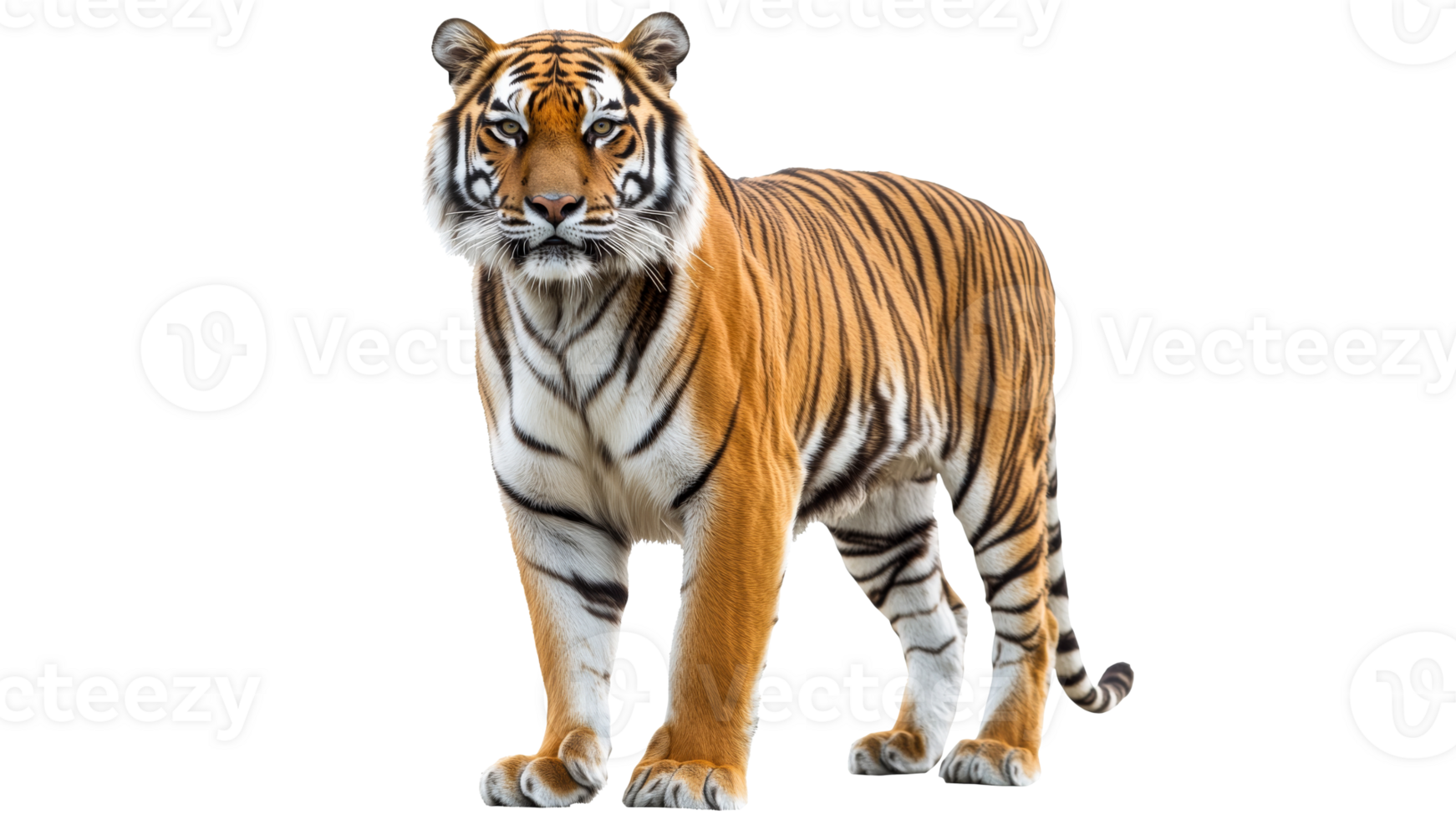 Striking tiger stands confidently in bright light png