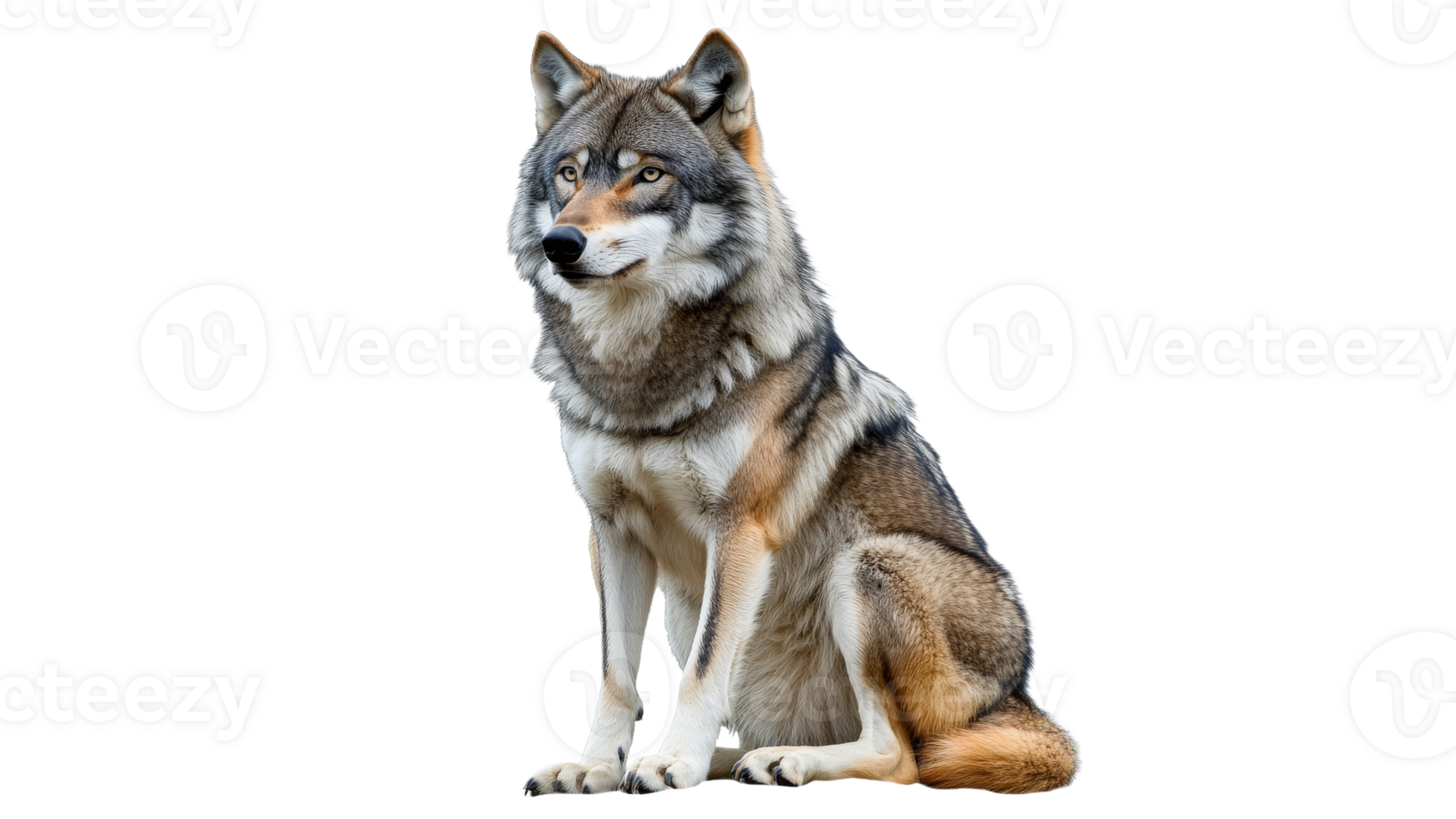 Wolf sitting calmly against a plain background png