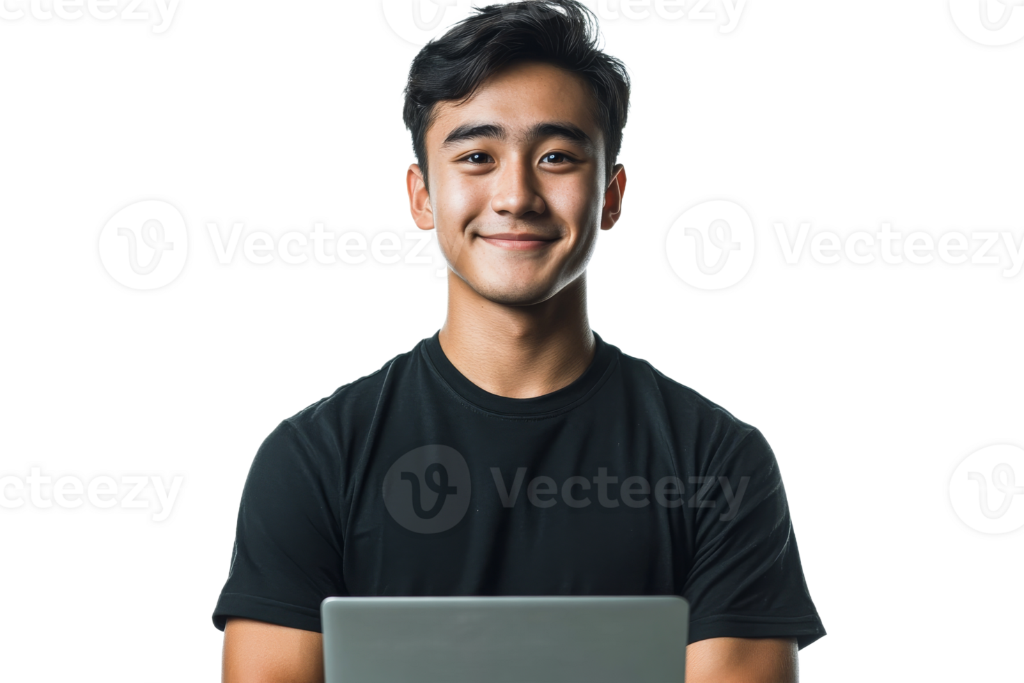 Smiling young man sitting with laptop indoors png