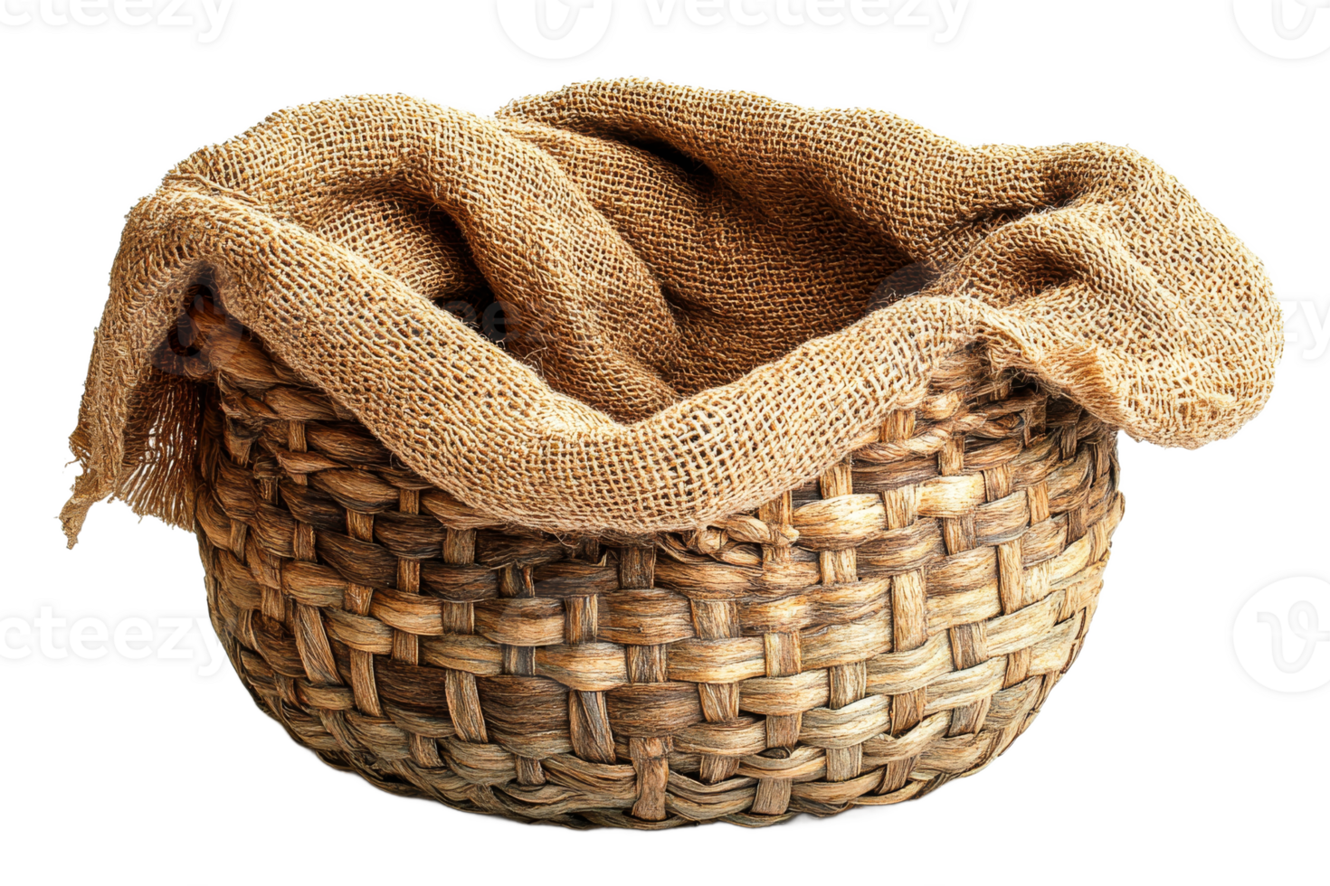 Beautiful woven basket with burlap fabric inside png
