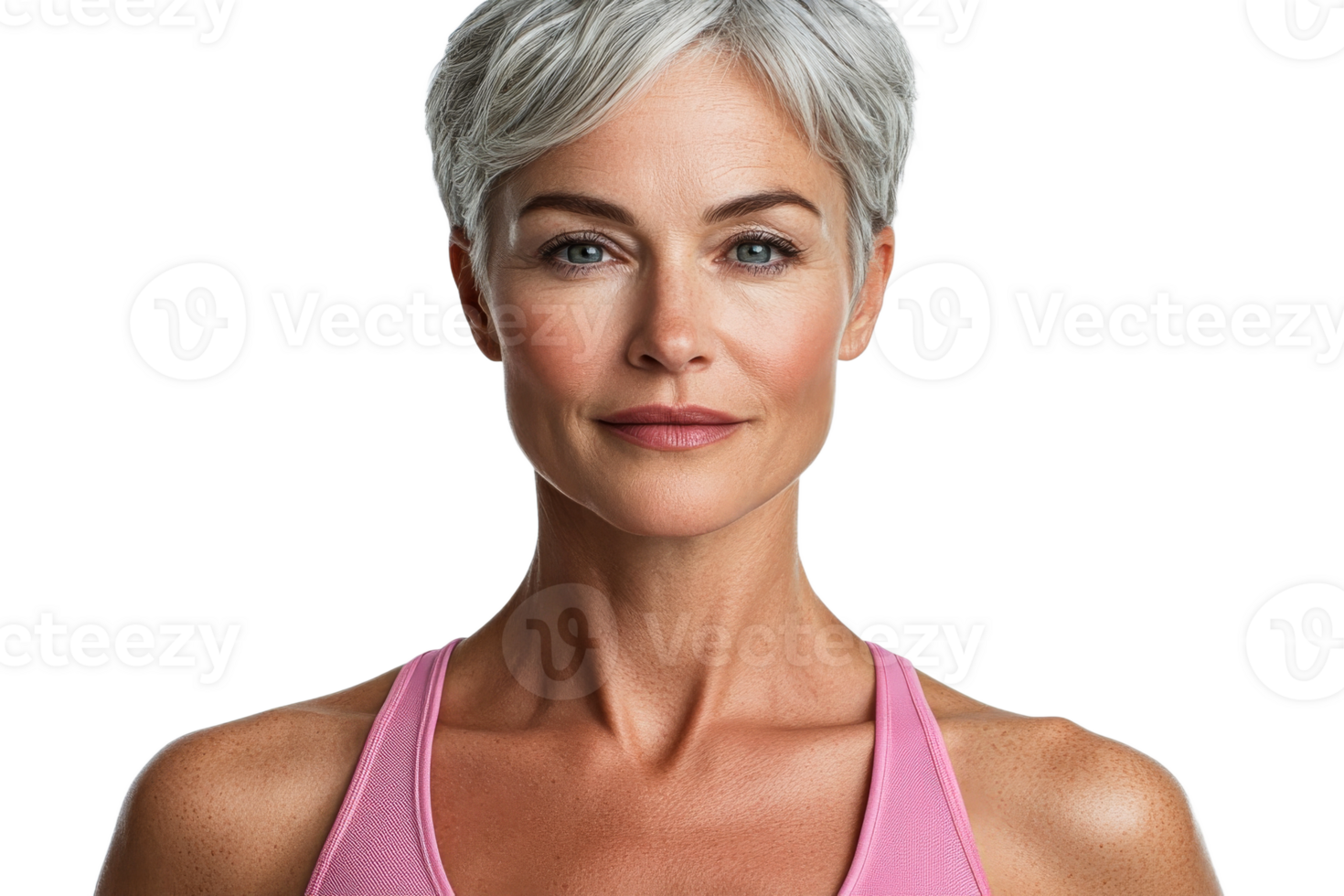 Confident woman in workout gear, short gray hair png