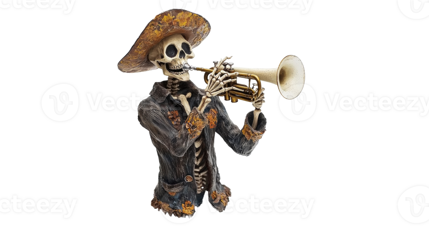 Decorated skeleton playing trumpet with hat png