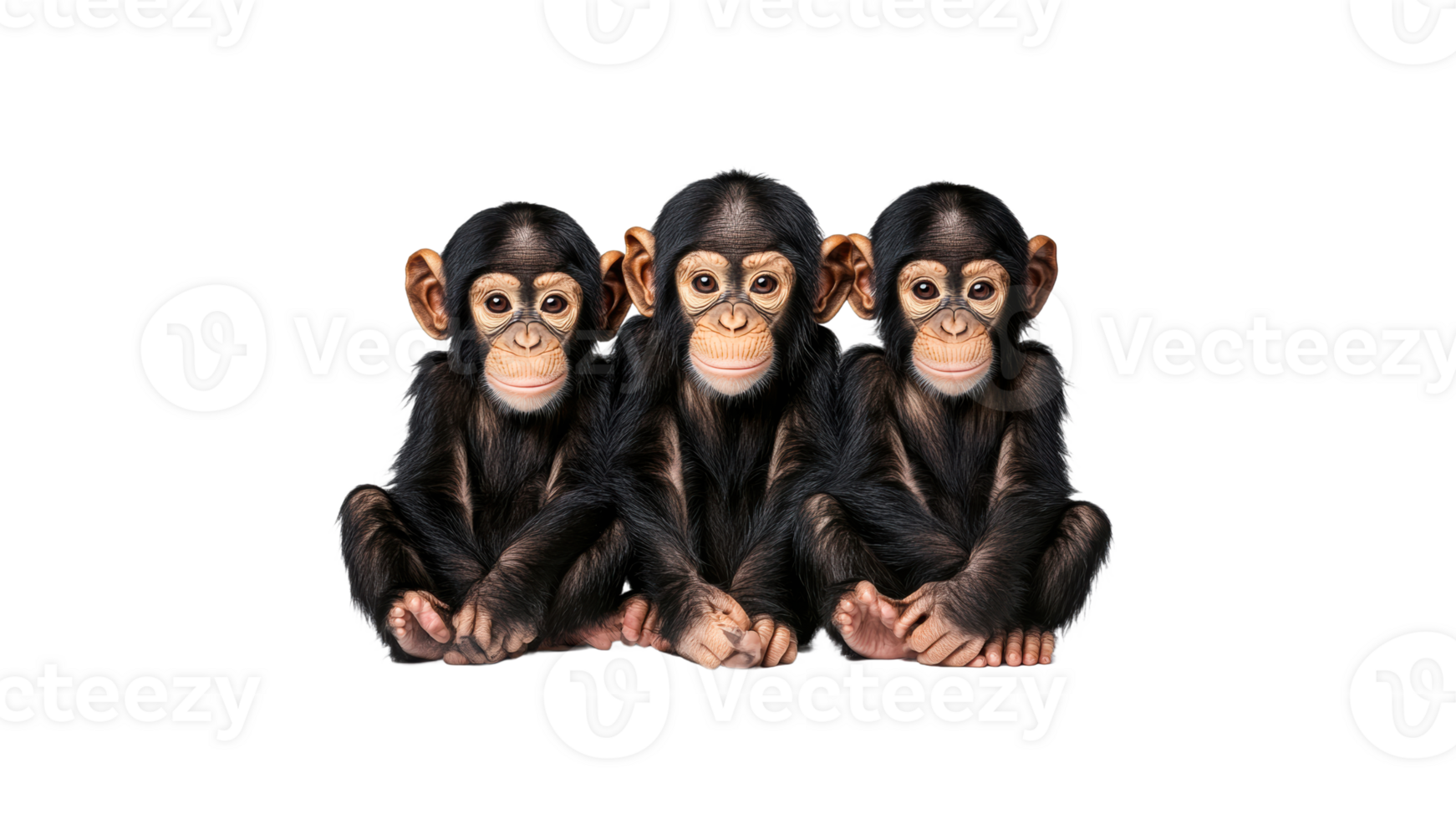 Three young chimpanzees sitting closely together isolated transparent background png