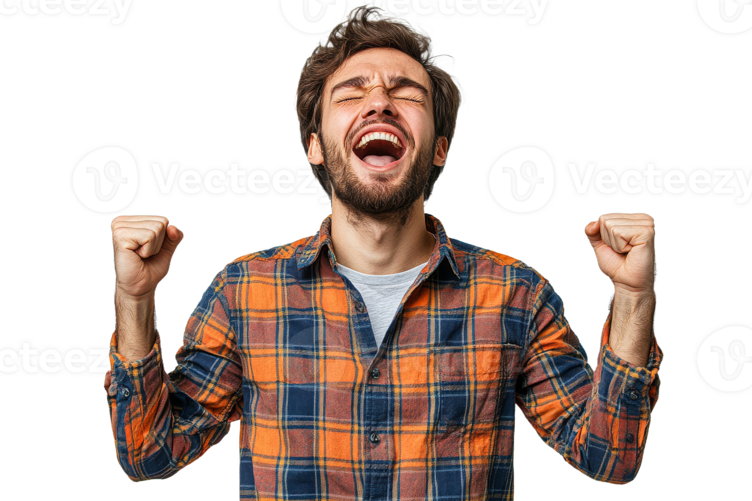Joyful man with raised fists and smile png