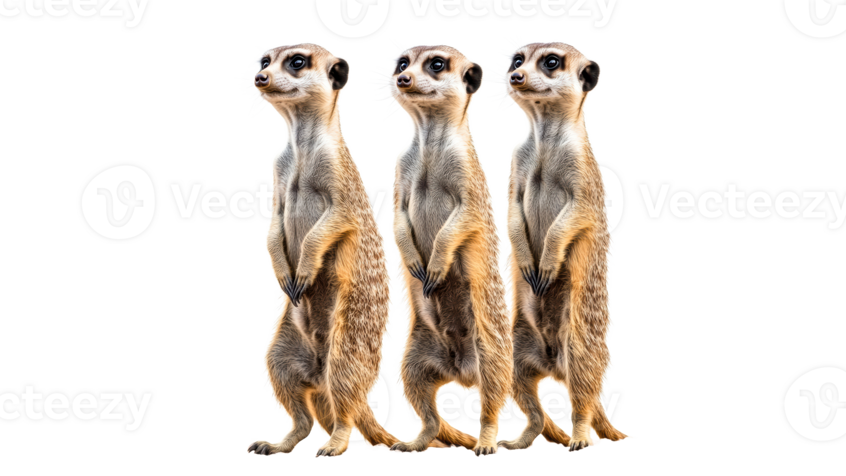Three meerkats standing in a row in the wild png