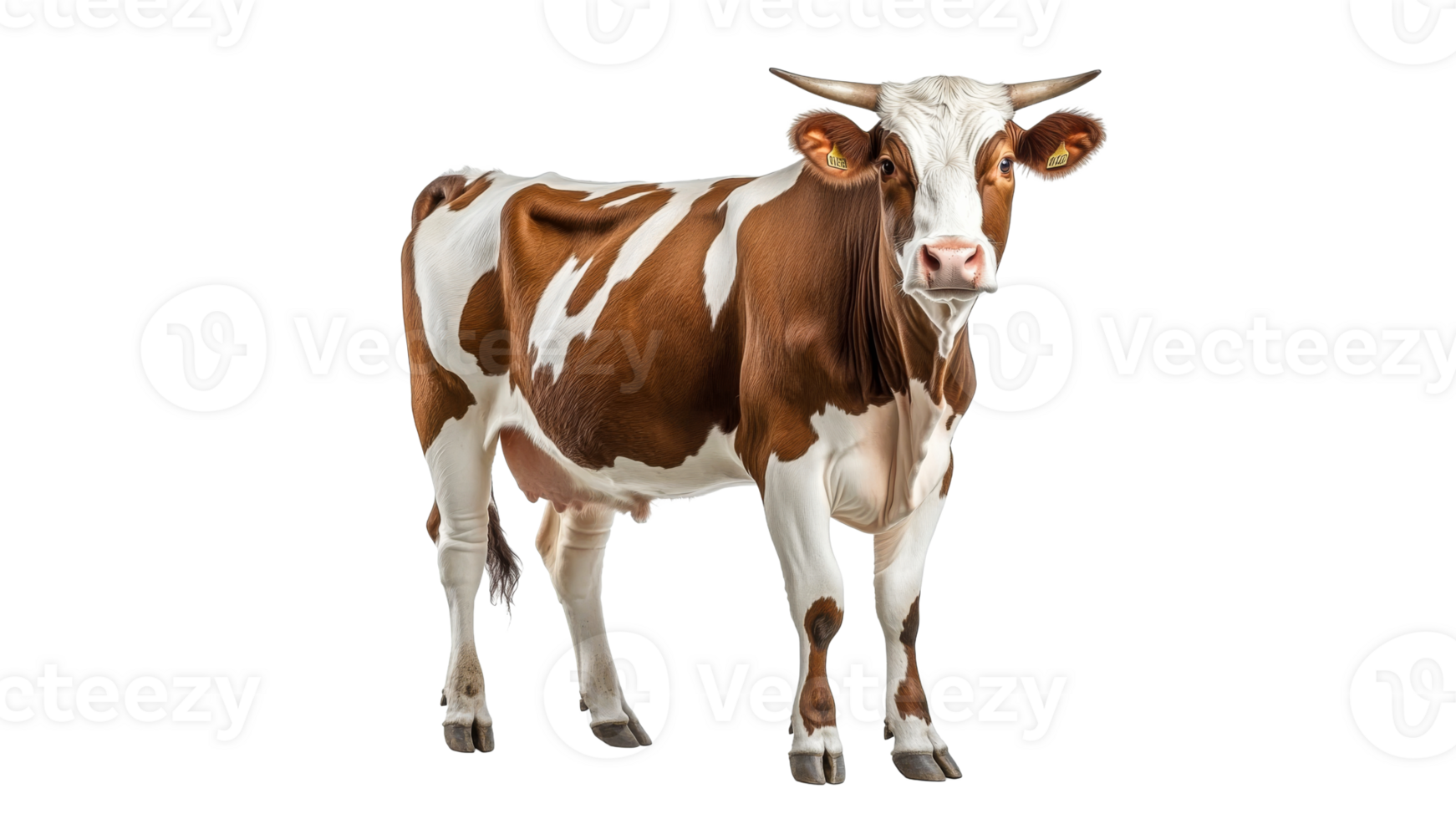 Brown and white cow standing calmly indoors png