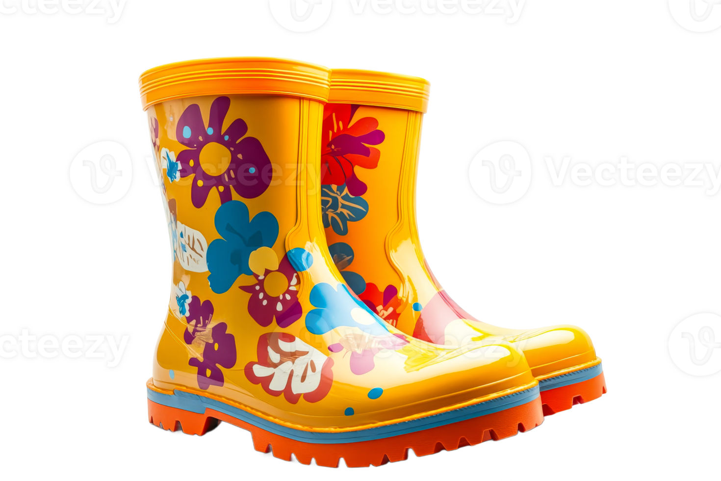 Brightly colored floral rain boots on display png