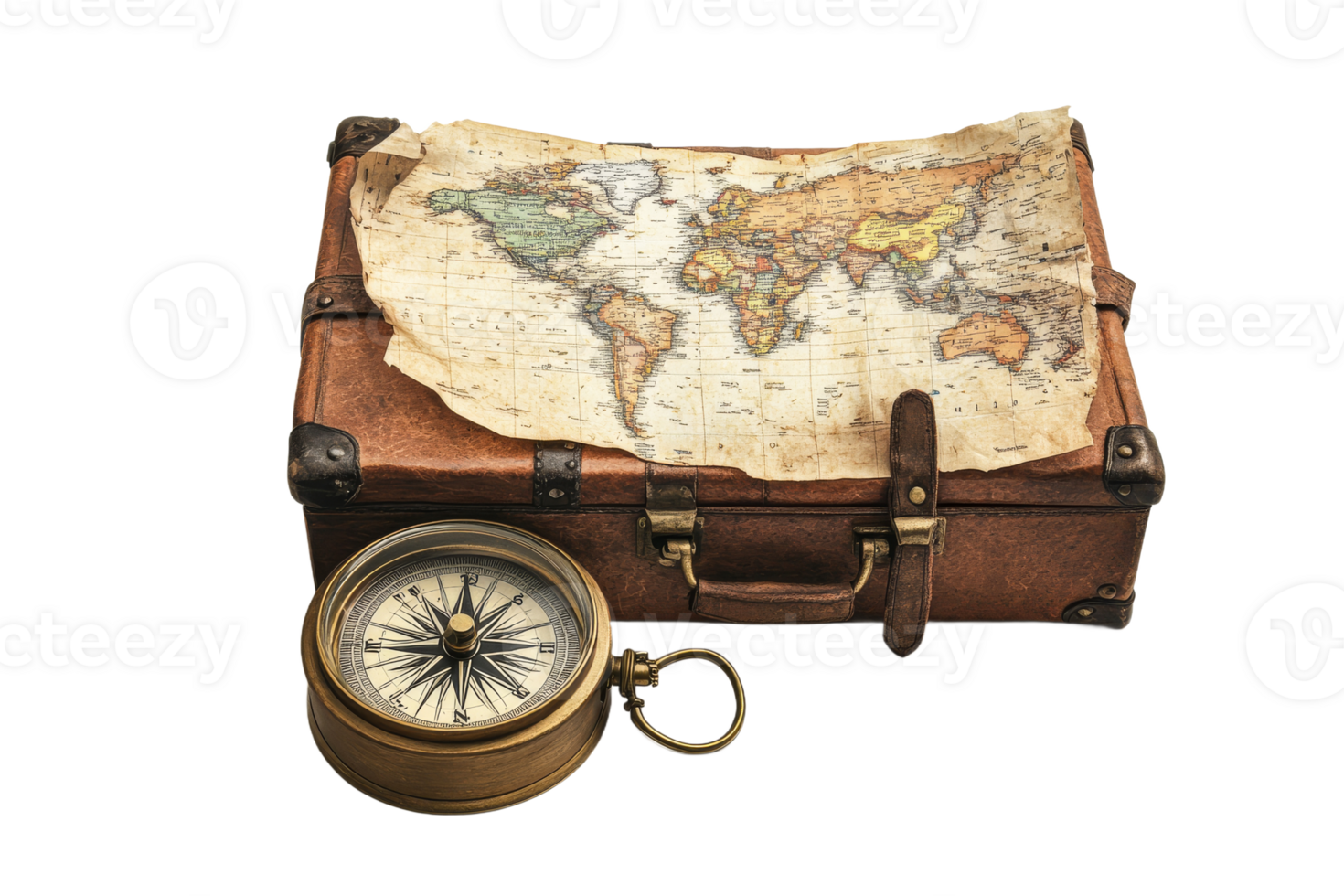 Vintage suitcase with map compass png