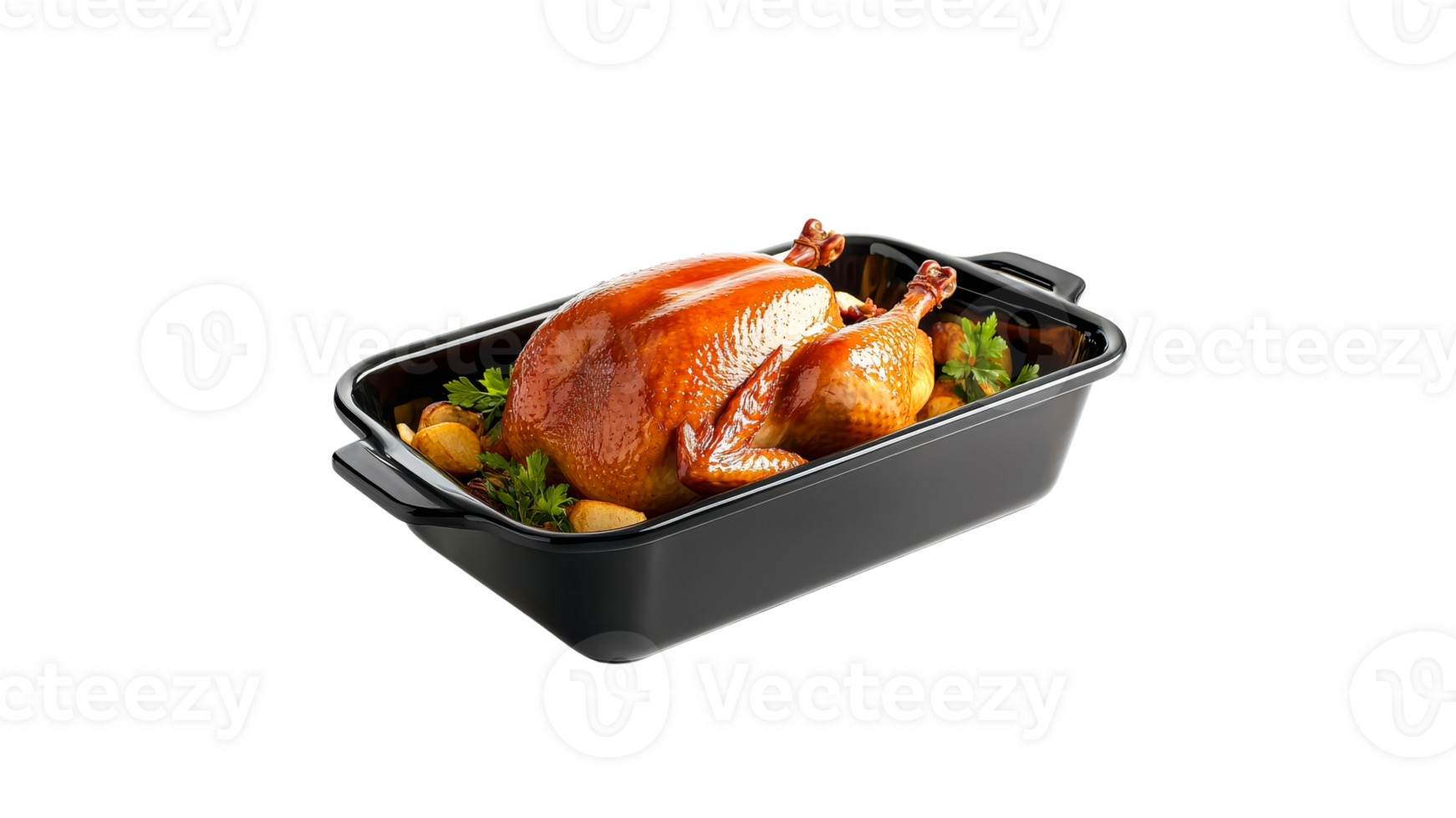 Roast turkey in a black roasting pan with herbs png