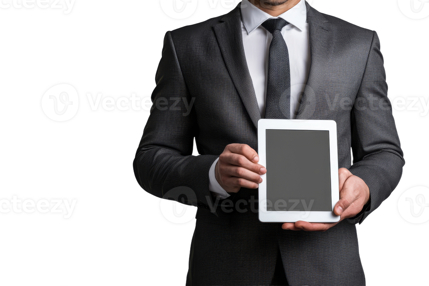 Businessman presenting a tablet in formal attire png