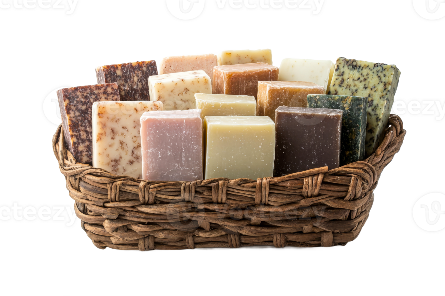 Collection of handmade soaps in a wicker basket png