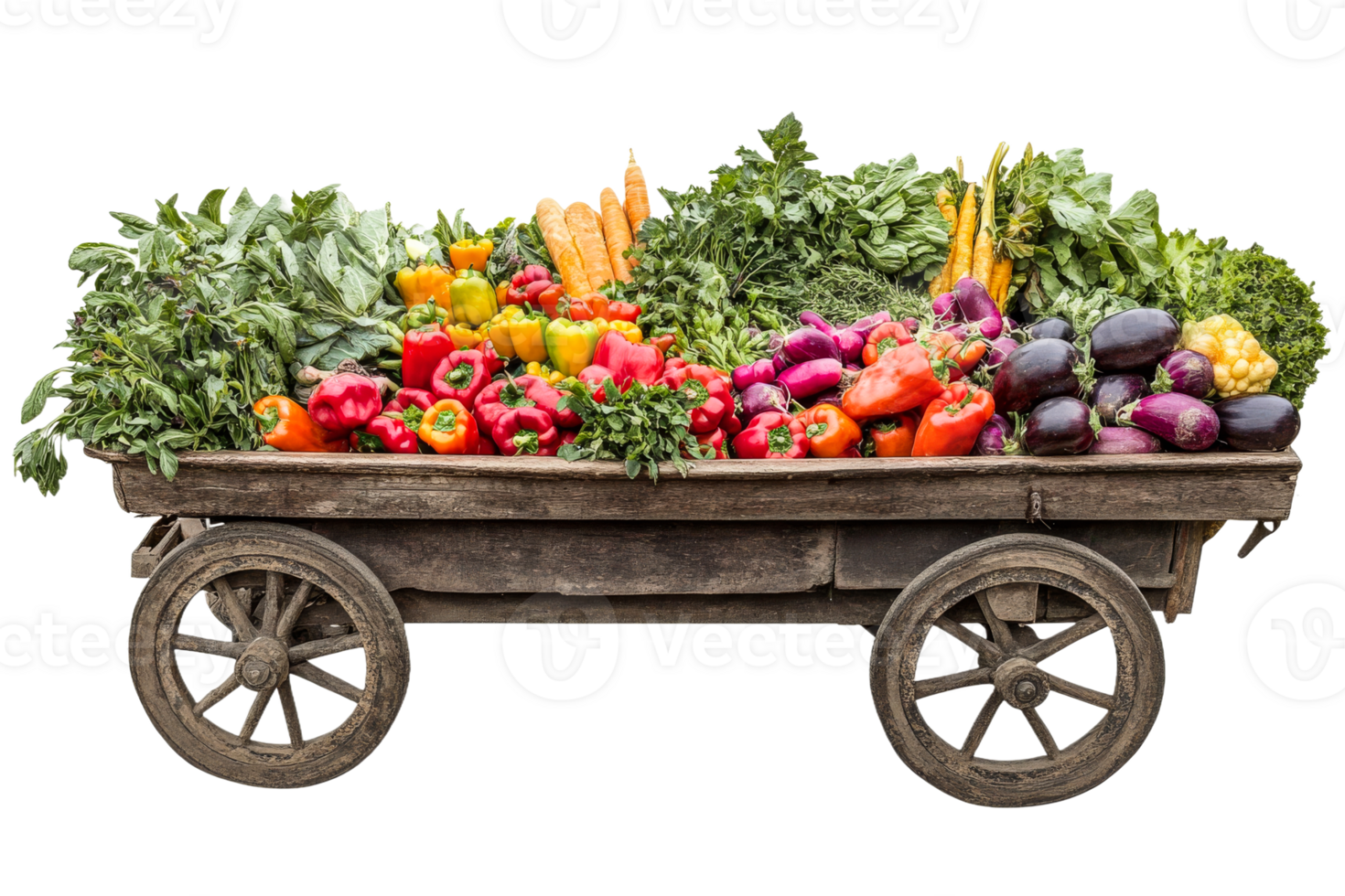 Fresh vegetables displayed on a rustic wooden cart transparent png