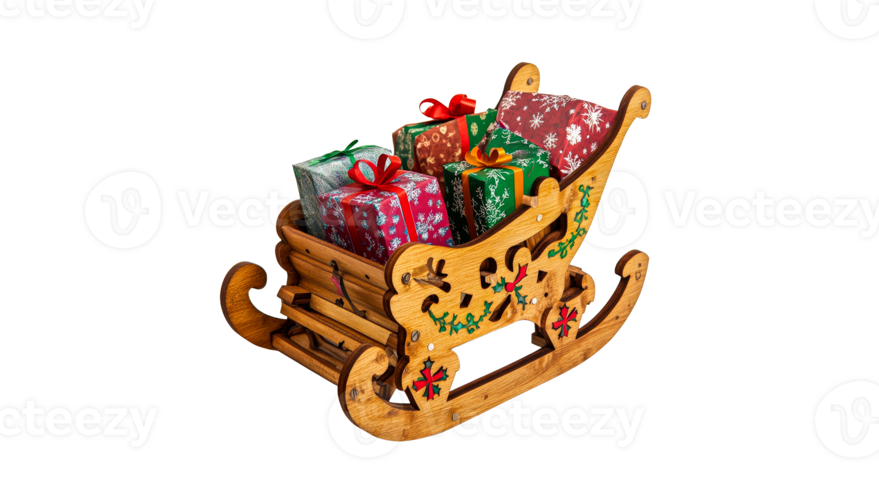 Festive wooden sleigh filled with colorful gifts png