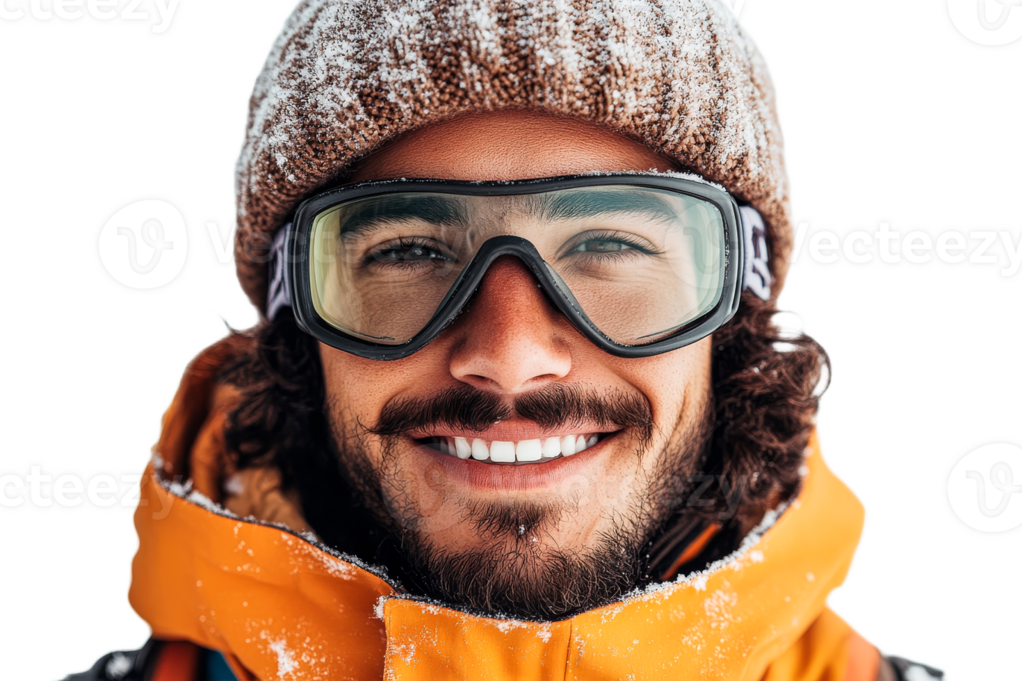 Smiling skier outdoors in winter gear with snow png