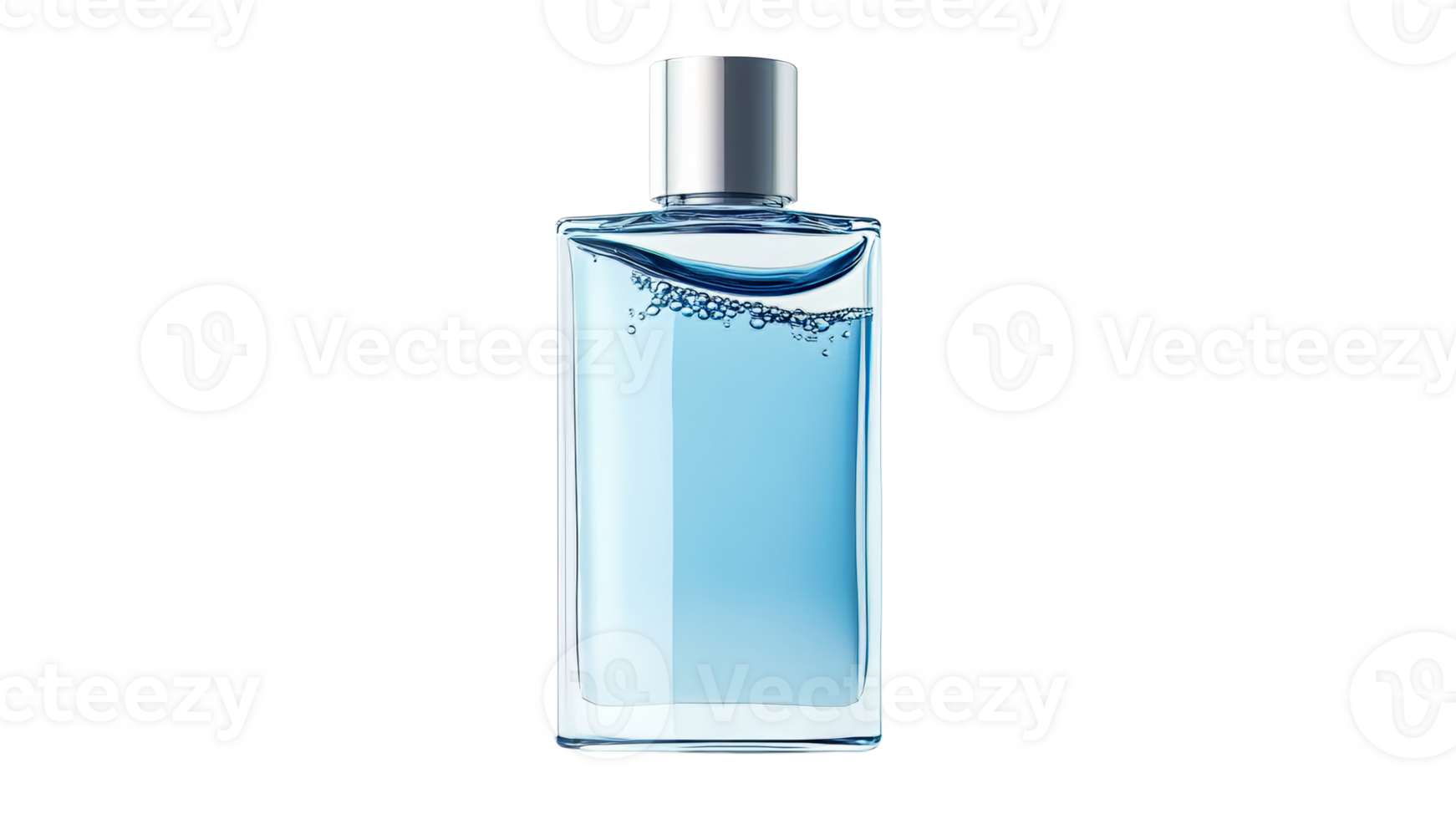 Clear bottle of blue liquid on a plain background png