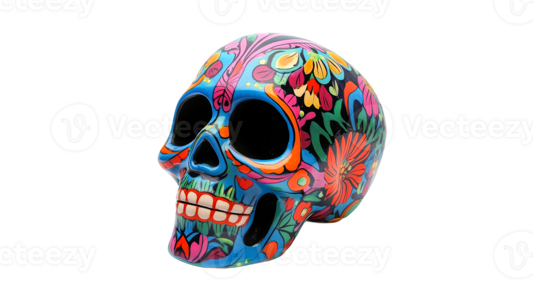 Colorful decorative skull with floral patterns transparent background png