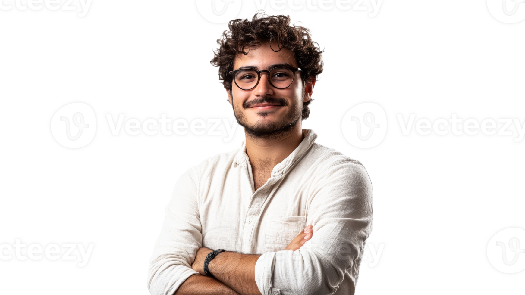 Smiling man with curly hair dressed in white shirt png