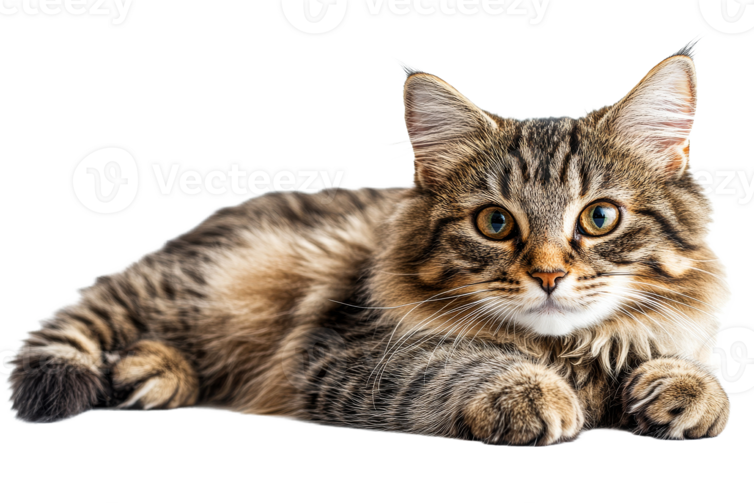 Playful tabby cat rests on a soft surface png