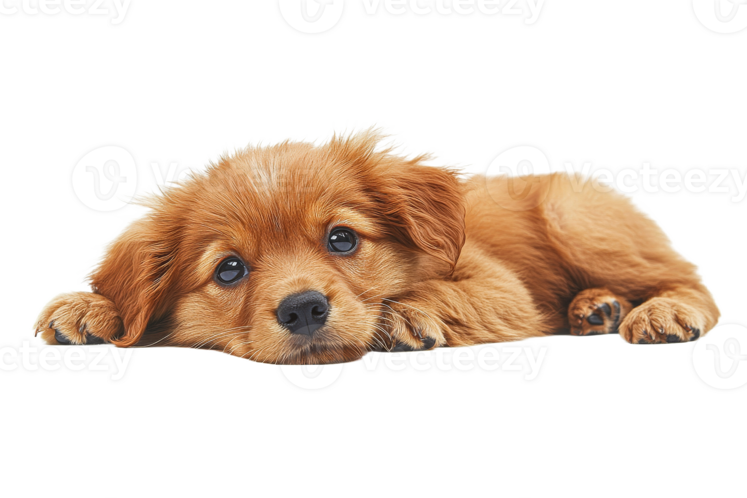 Cute brown puppy resting on the floor looking up png