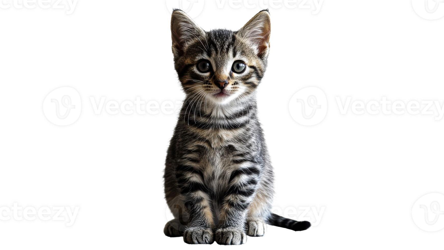 Small striped kitten poses with curiosity indoors png