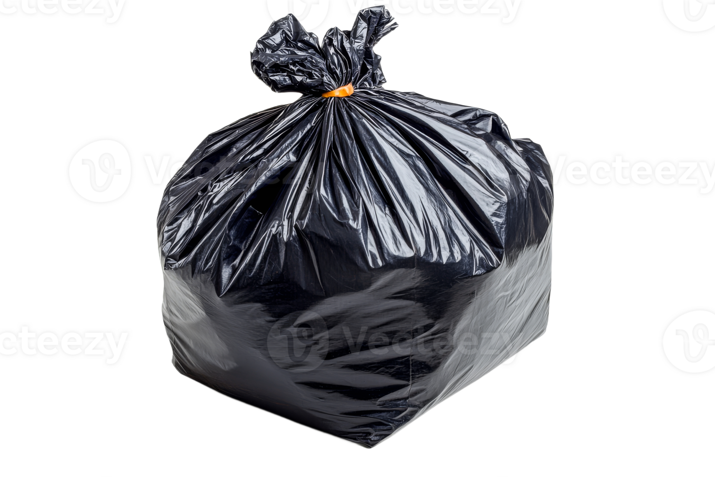 Black trash bag filled with waste in a clean space png