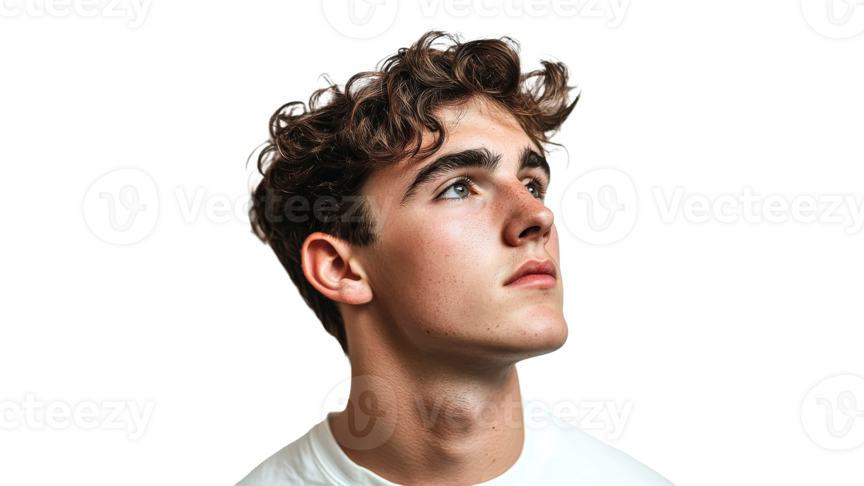 Young man gazing upward with curiosity png