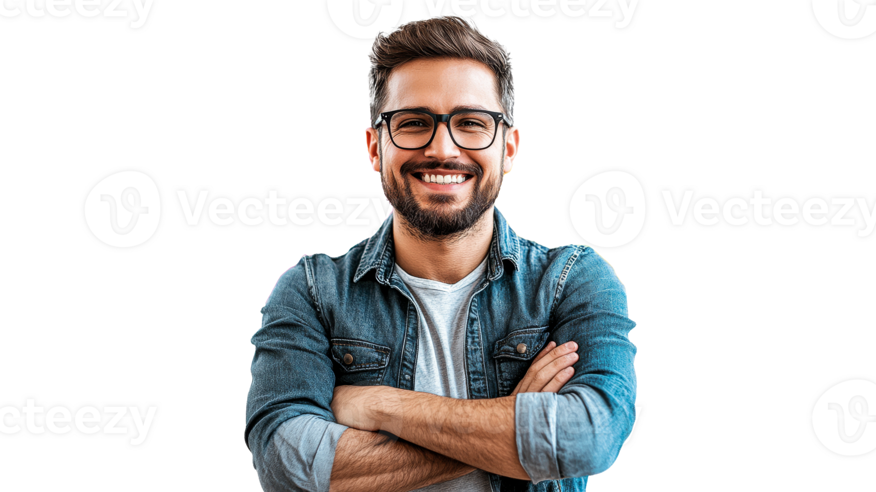 Smiling man with glasses and denim jacket png