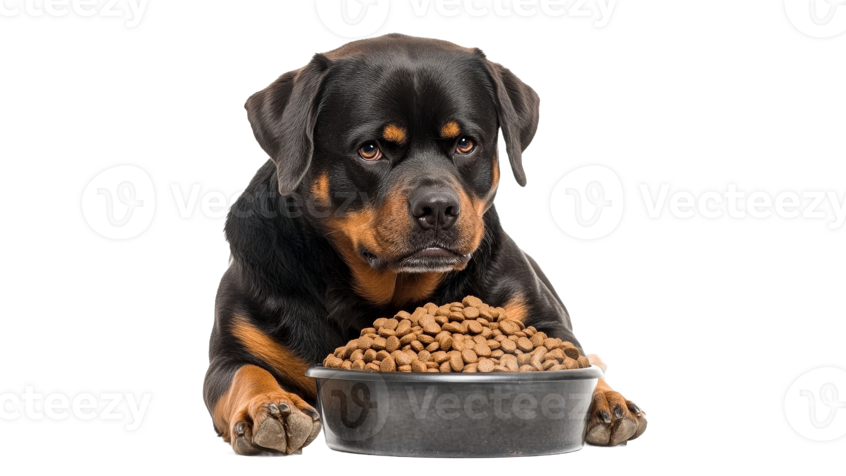 Rottweiler enjoying a meal of kibble in a bowl png