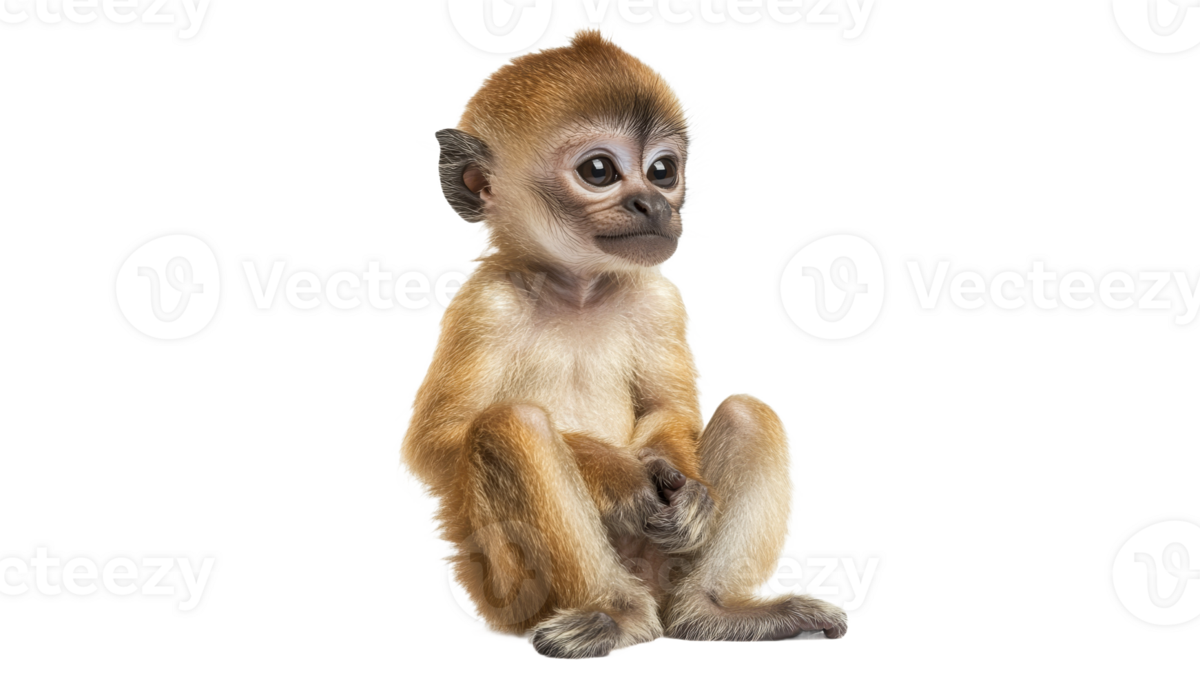 Young monkey sitting in a relaxed pose indoors png