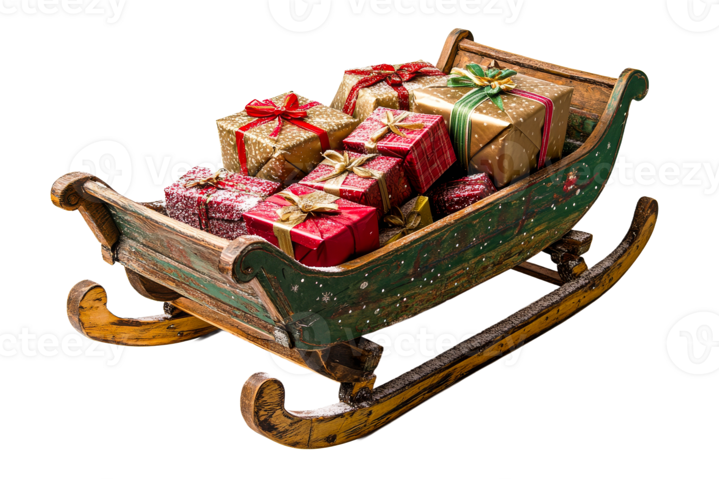 Festive vintage sleigh filled with colorful gifts png