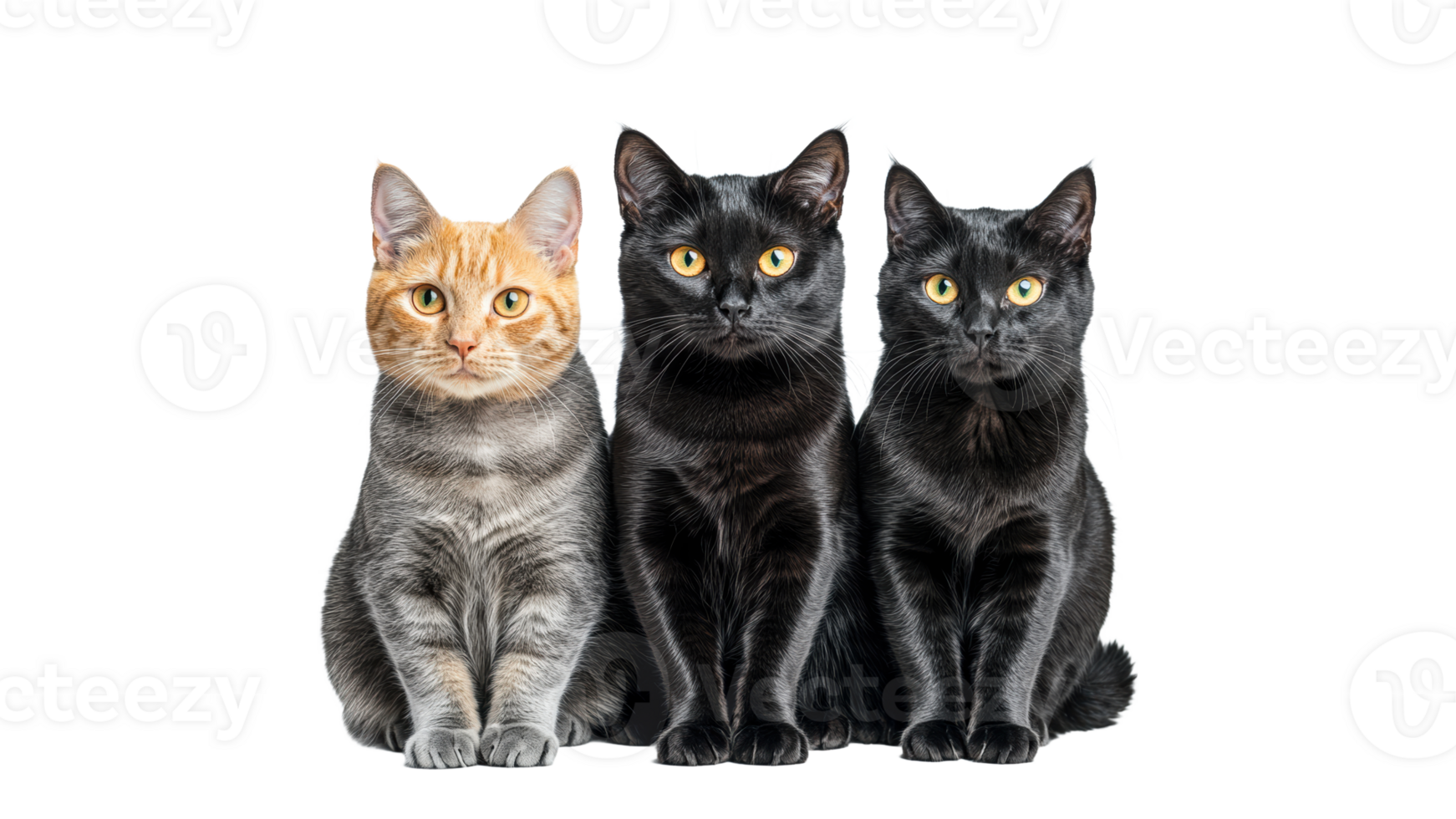 Three cats sitting together on a white background png