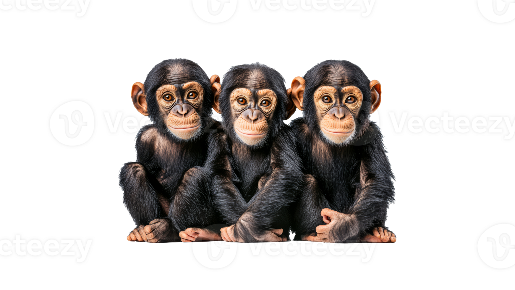 Three young chimpanzees sitting closely together isolated cut out transparent background png