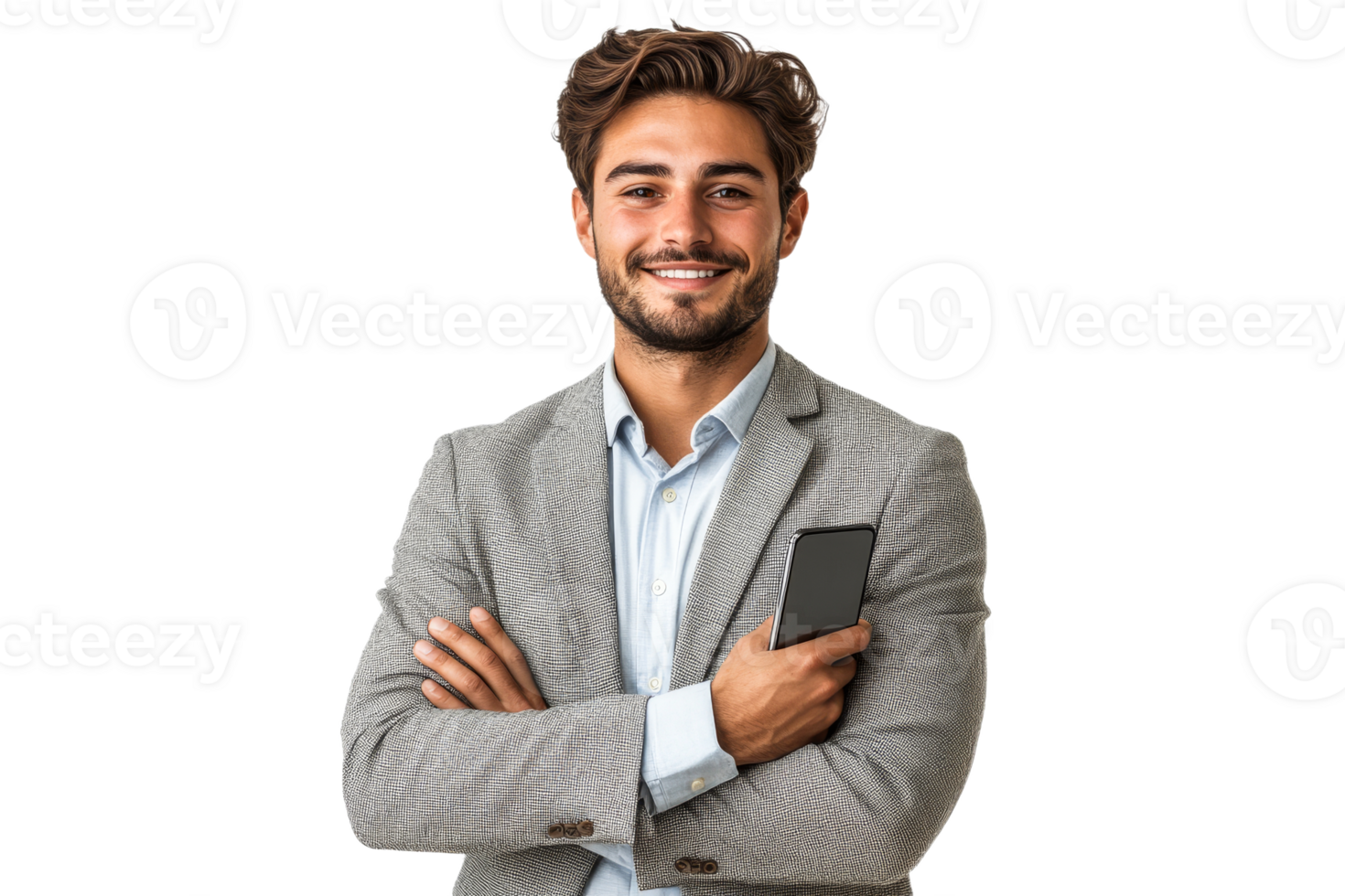 Confident man in gray suit poses with smartphone png