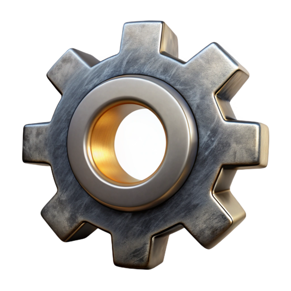 serene traditional Innovation Gear Icon Cutout with Metallic Sheen and Transparent Background professional png