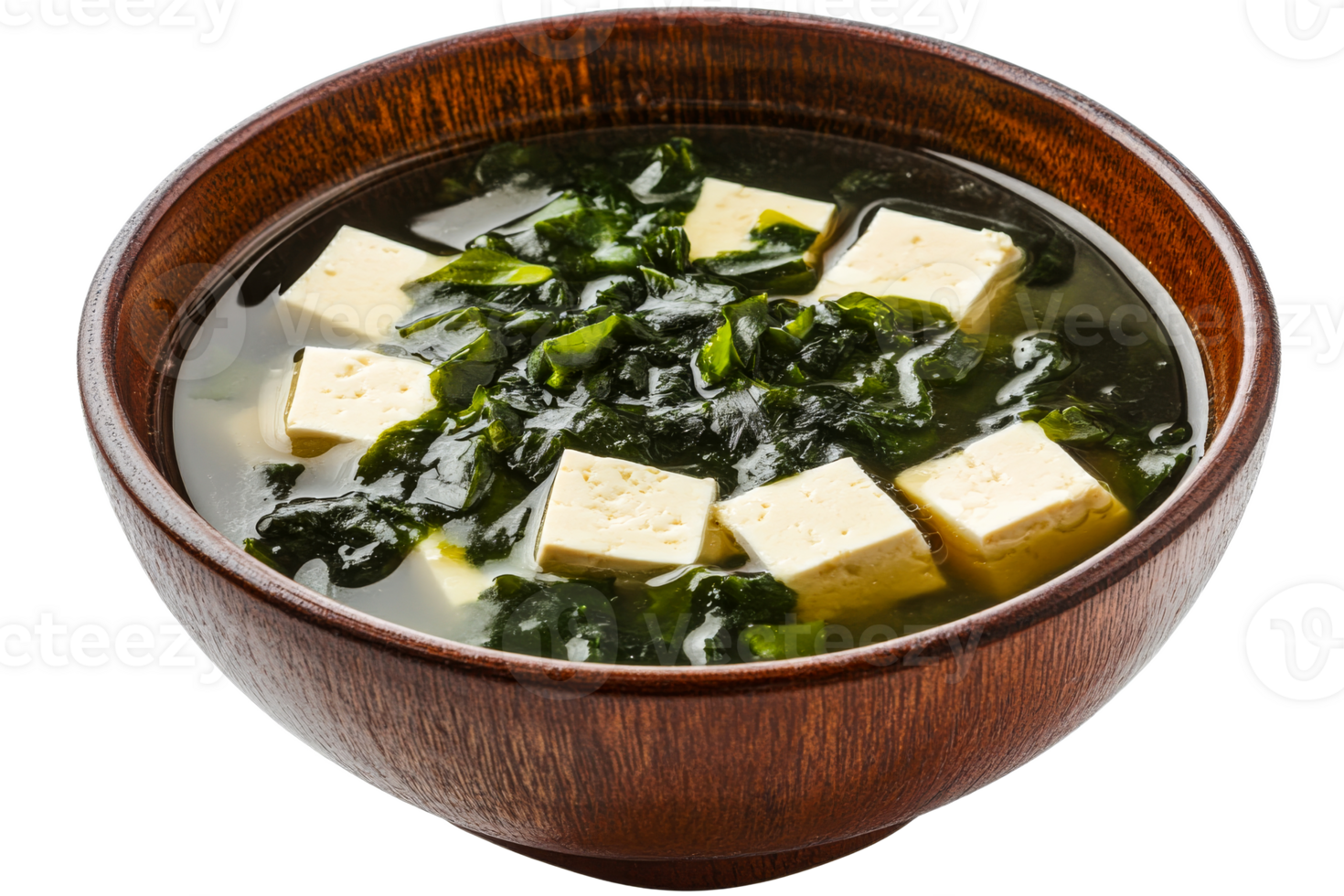 Delicious bowl of tofu and seaweed soup served hot png