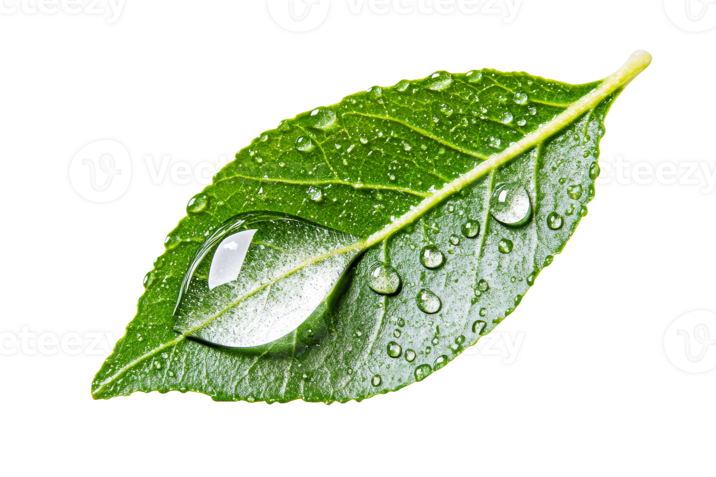 Water droplets resting on a green leaf after rain png