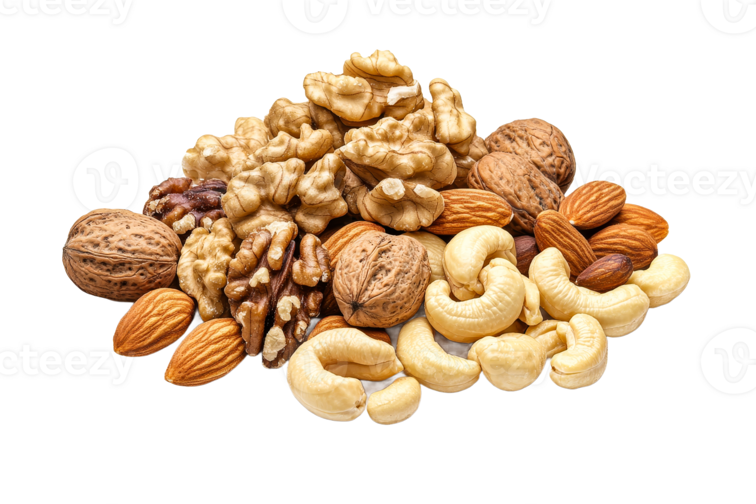 Assorted nuts arranged on a white background png