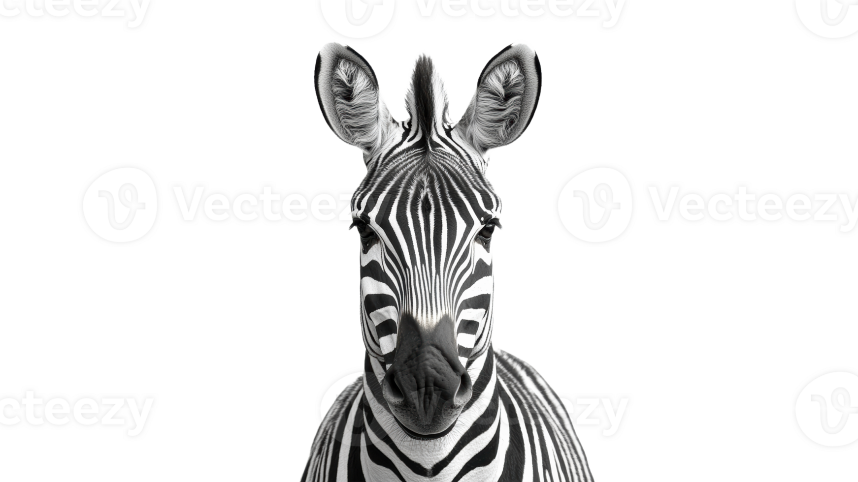 Striking close up of a zebra in black and white png