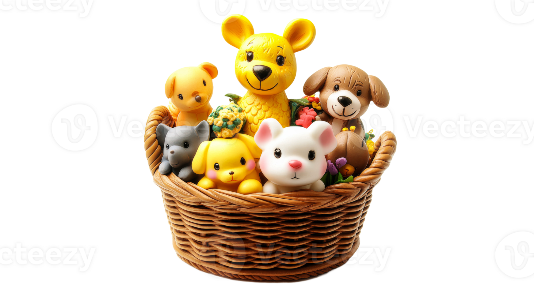 Colorful toy animals arranged in a wicker basket png