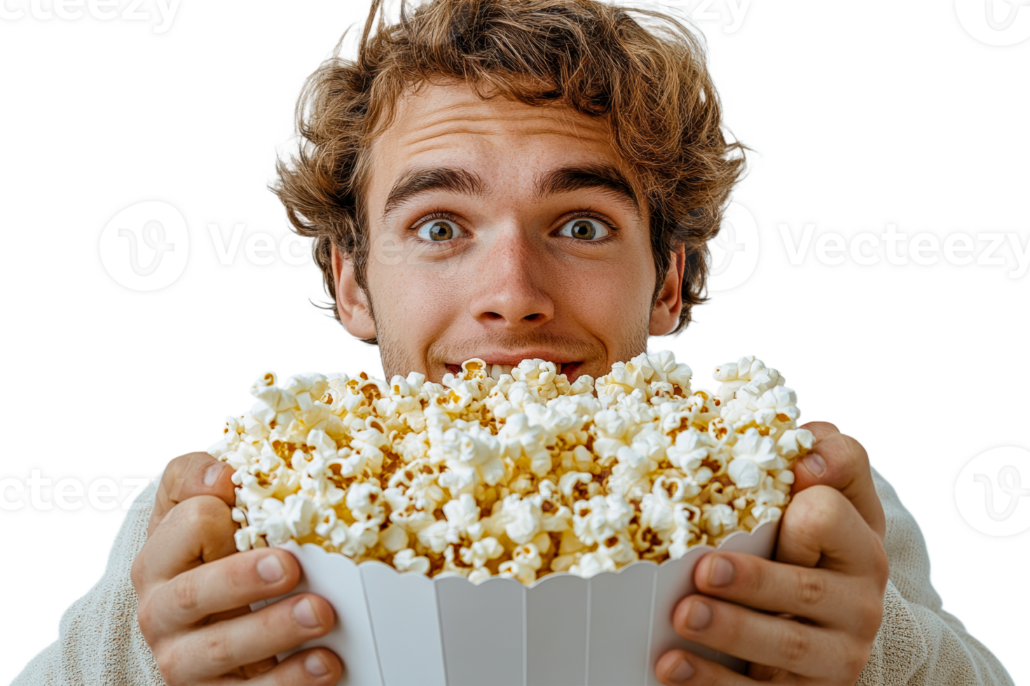 Excited young man holds a large bowl of popcorn png