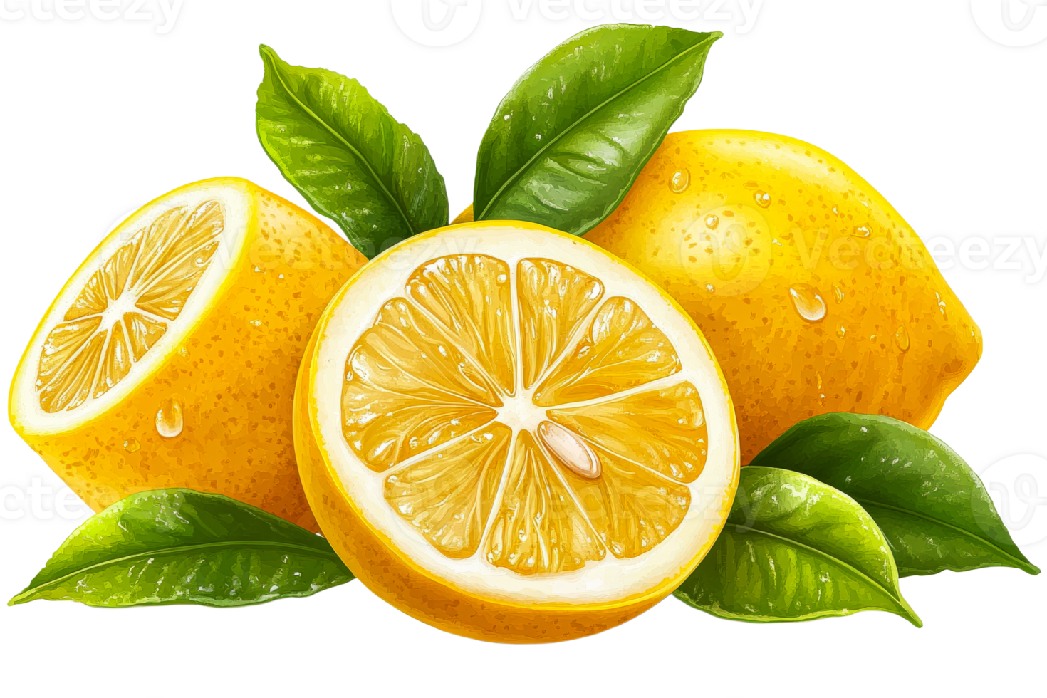 Fresh lemons with vibrant green leaves arranged png