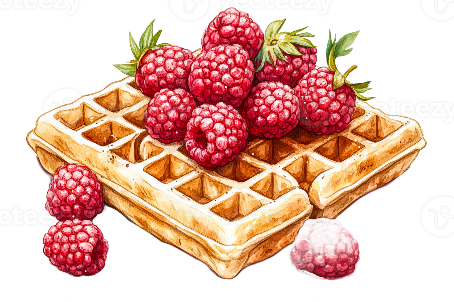 Fresh raspberries piled on a golden waffle png