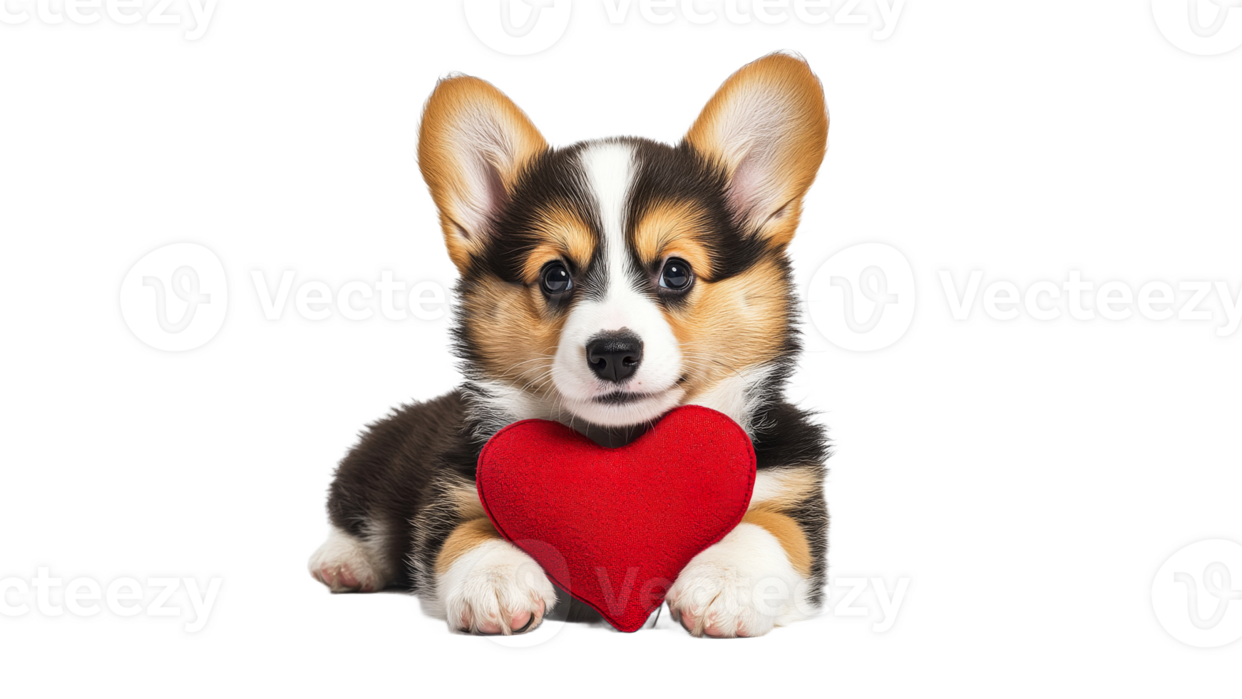Corgi puppy holds red heart for love expression png