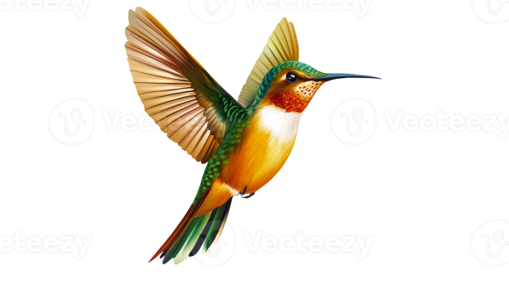 Colorful hummingbird in mid flight above flowers png