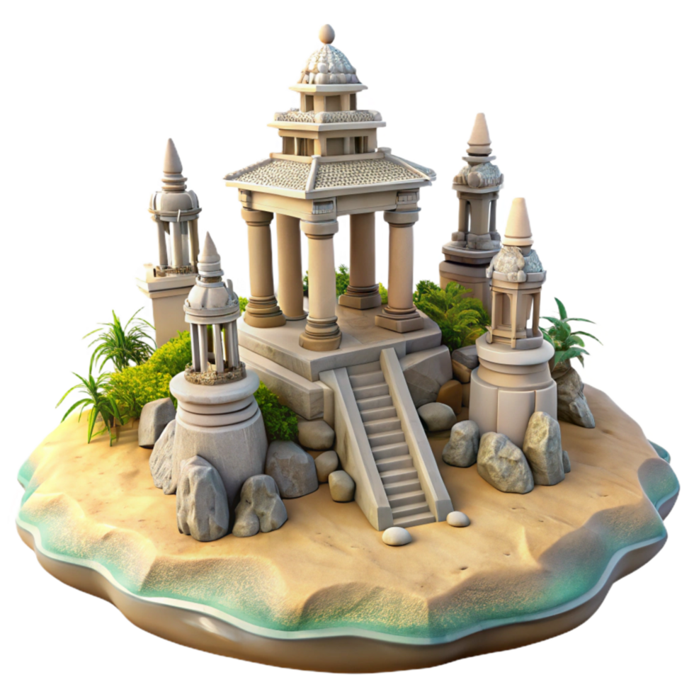 elegant minimalist Island with Ancient Temple and Statues Isolated genuine png
